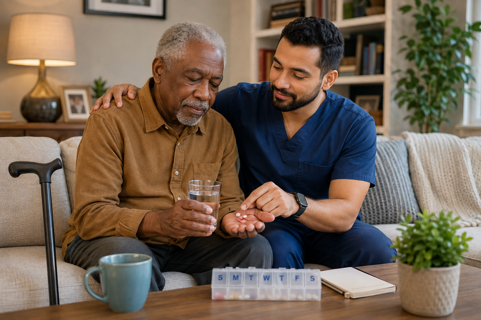 Caregiver sharing a warm moment with an elderly client